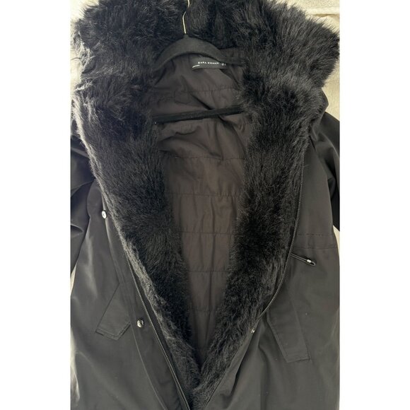 ZARA WOMAN Black Faux Fur Trimmed Winter Coat Full Zip - Picture 7 of 16